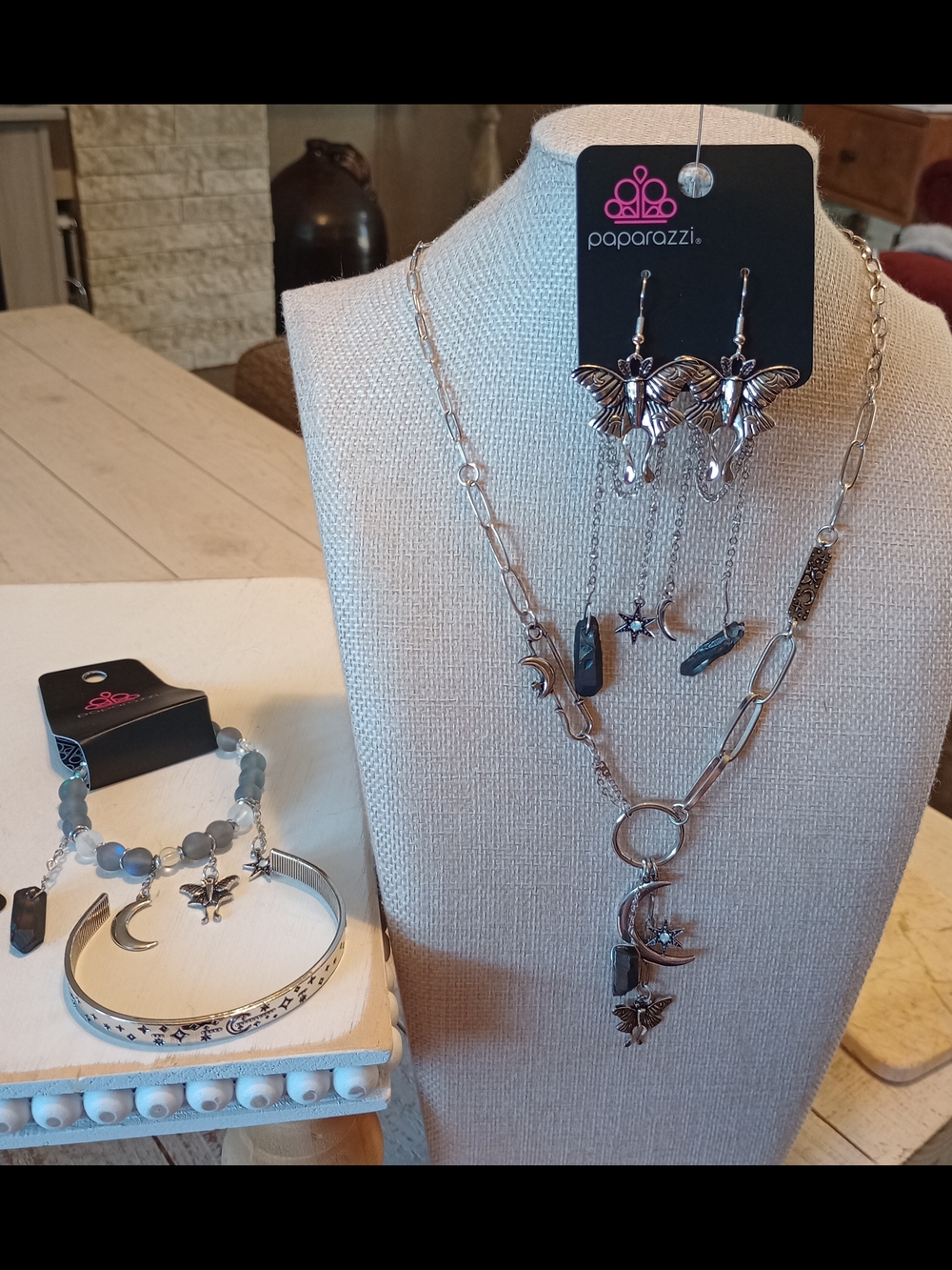 paparazzi Silver Moon, Star & Butterfly Layered Necklace with Matching Earrings